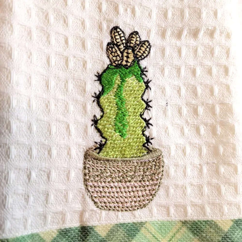 4 Cactus Kitchen Towels Lavien Embroidered Waffle Cotton Blend 16x24 Green Plaid